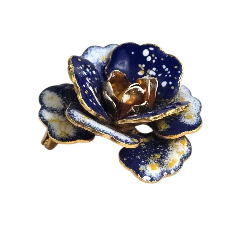 Vintage Goldtone Blue Yellow Paint Enamel Flower Brooch & Clip On‎ Earrings Set